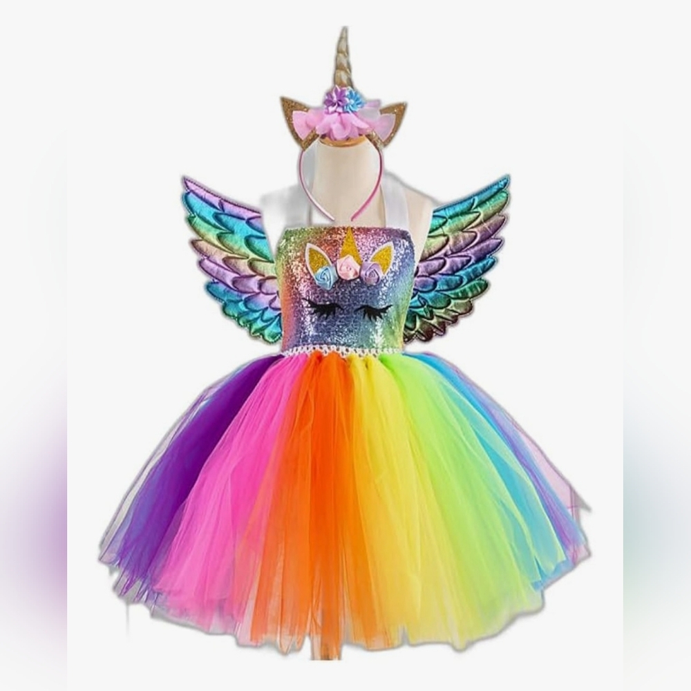 Girls Unicorn Rainbow Tutu Dress Costume Set Sequins Wings Headband Size 10